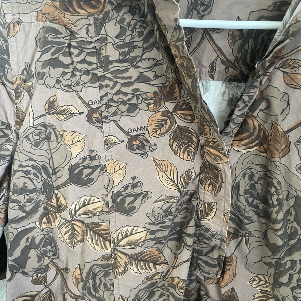 Ganni Oversized Poplin Maxi Shirt Dress EU 34 Cotton Brown Botanical Print - Picture 7 of 16